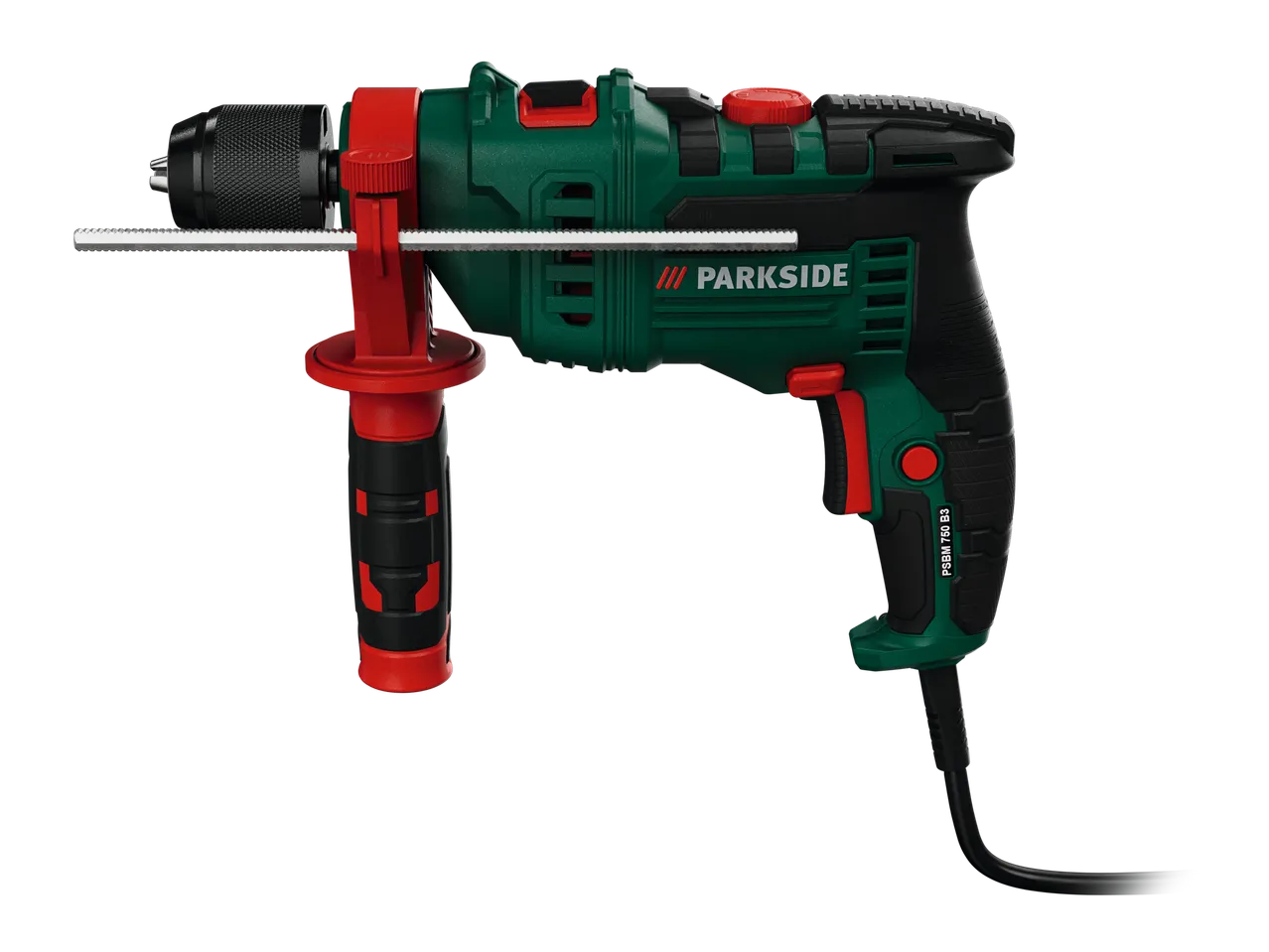 Бушилица Parkside PSBM 750 B3 изолована на црној позадини.