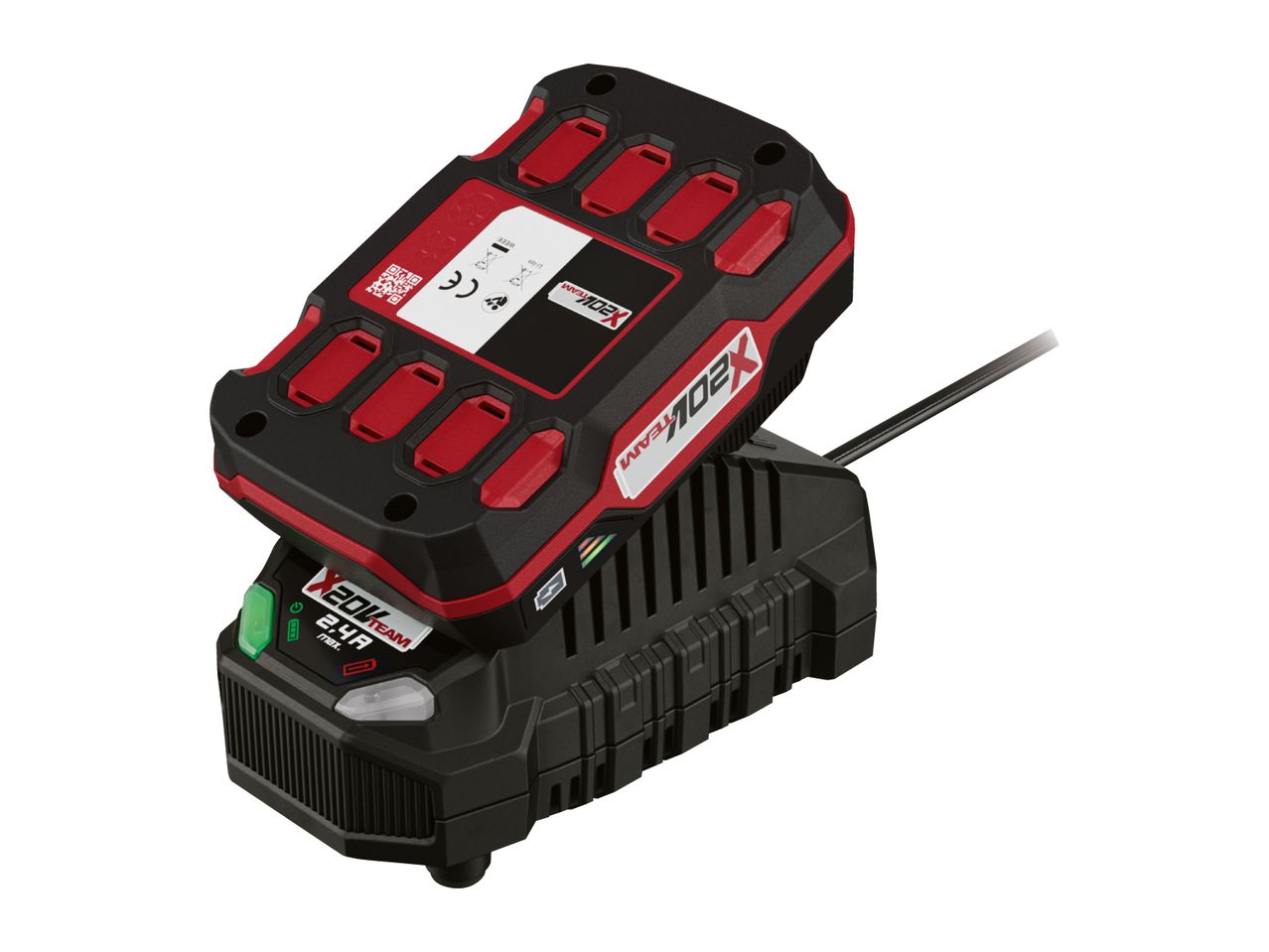 Red and black cordless power tool battery charging on a black charger.