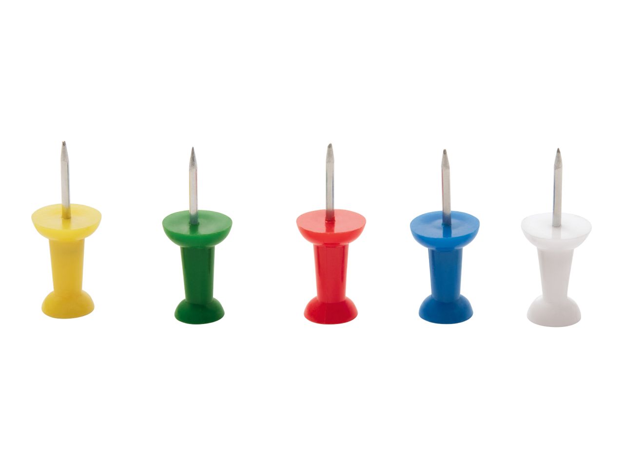 Five colorful pushpins in yellow, green, red, blue, and white.