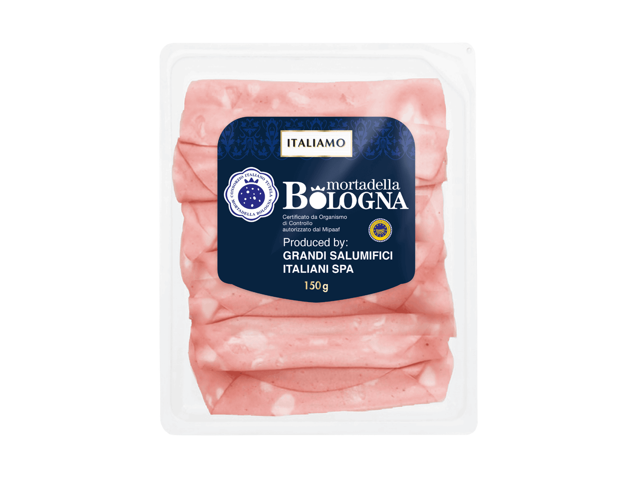 Paquet de mortadelle tranchée avec une étiquette bleue indiquant l'origine de Bologne et un poids de 150g.