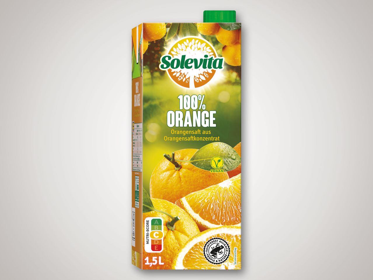 Solevita 100% Orangensaft, 1,5 Liter Packung.