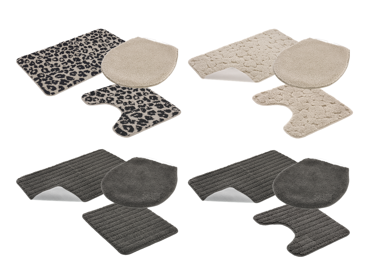 Setovi kupaonskih tepiha u bež, sivoj i leopard uzorku, uključujući prostirke i navlake za WC dasku.