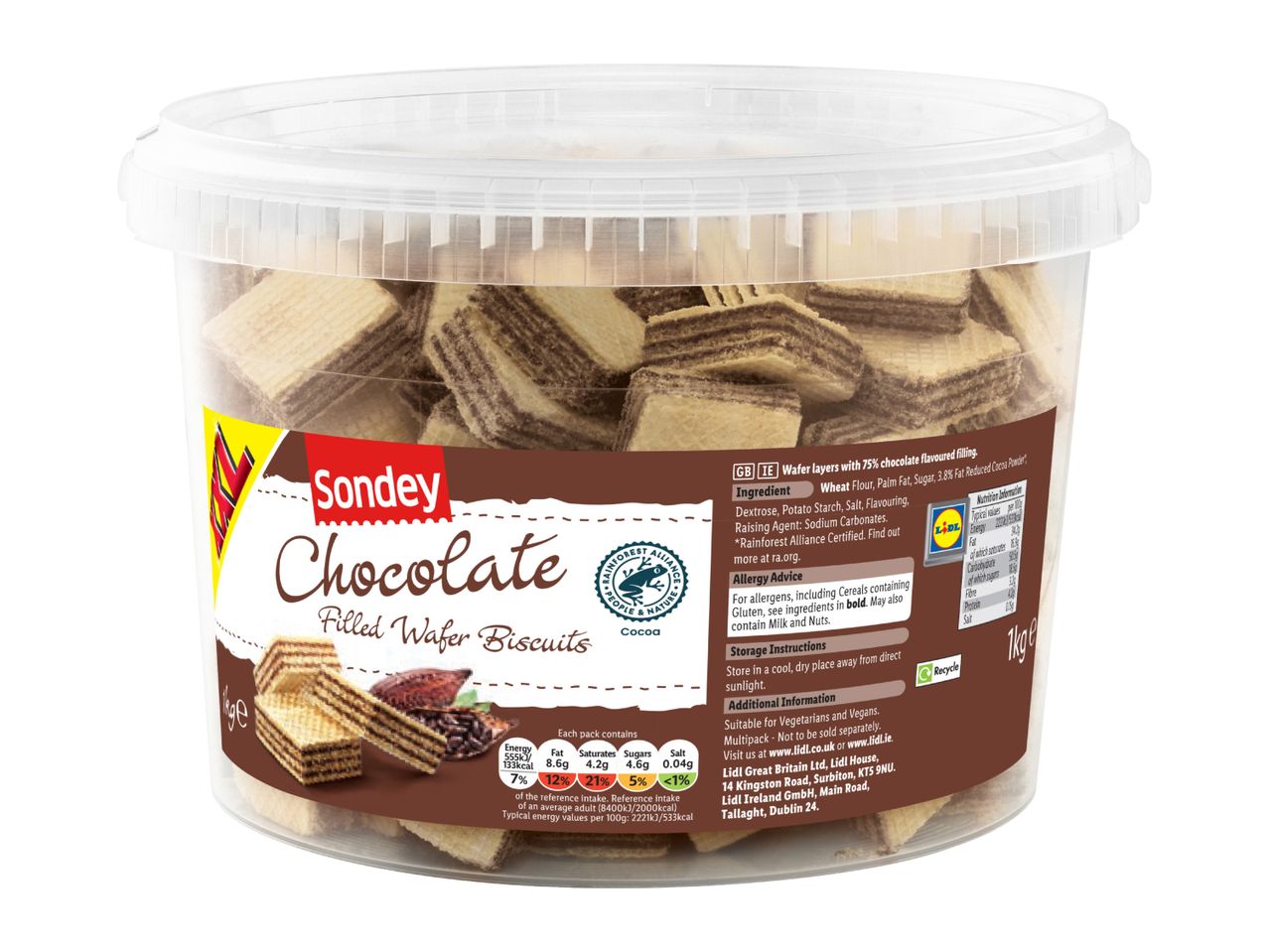 A clear plastic tub filled with chocolate-filled wafer biscuits, featuring product information and a Rainforest Alliance logo.