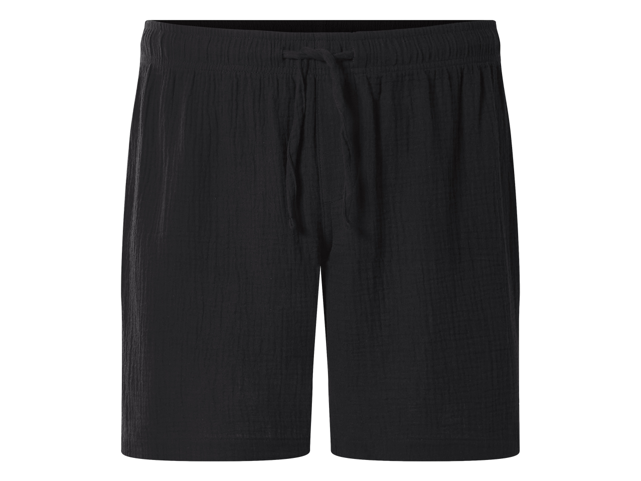 Fekete, ráncolt anyagú, húzózsinóros rövidnadrág.