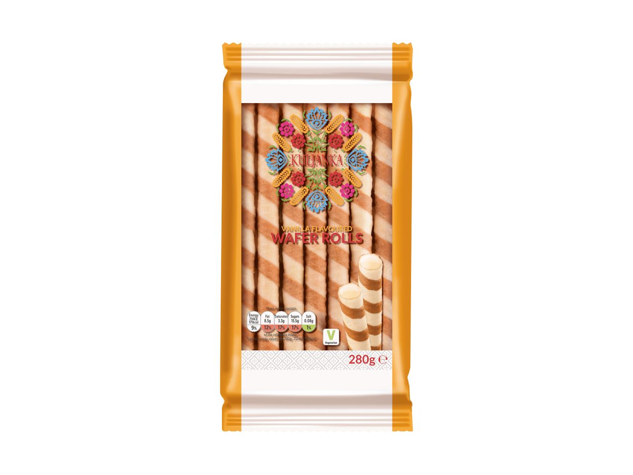 A package of vanilla-flavored wafer rolls with nutritional information and a vegetarian label.