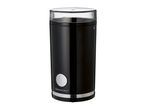 Black electric coffee grinder with a transparent lid and a silver button.