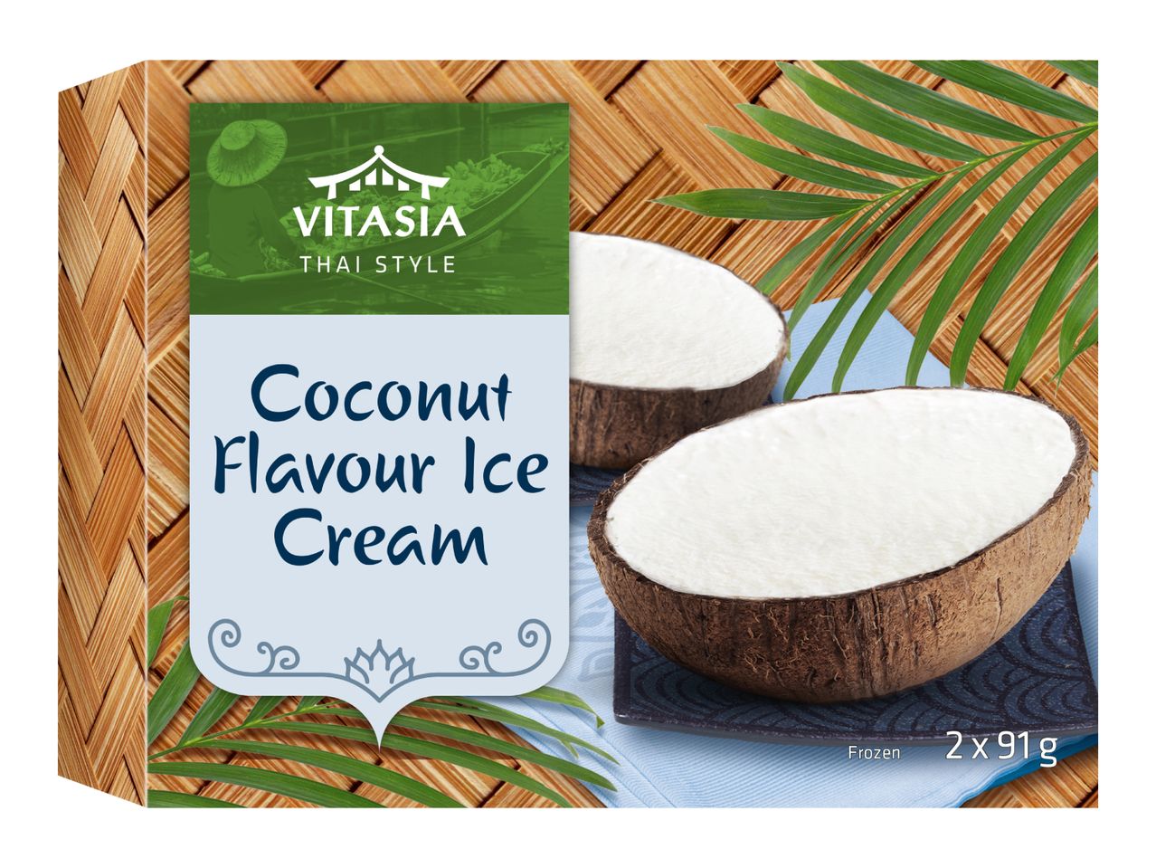 Coconut flavour ice cream in coconut shells, with a Thai style design.