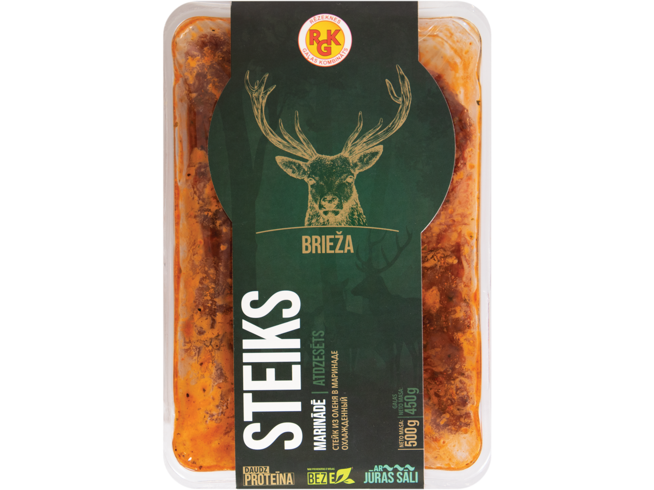 Hirveliha steik marinaadis, 500g/450g, kõrge valgusisaldusega ja ilma E-aineteta.