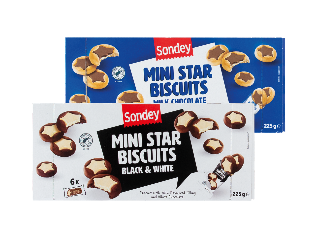 Sondey Mini Star keksi s mliječnom čokoladom i crno-bijeli keksi s punjenjem.