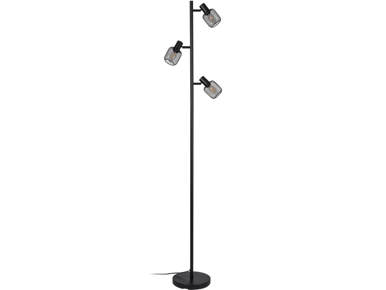Crna podna lampa sa tri podesiva reflektora i metalnim mrežastim senilima.