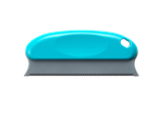 A teal and gray lint remover with a serrated edge.