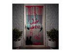 Halloween door decoration with fake blood, handprints, and the text 'NO ONE LEAVES!'