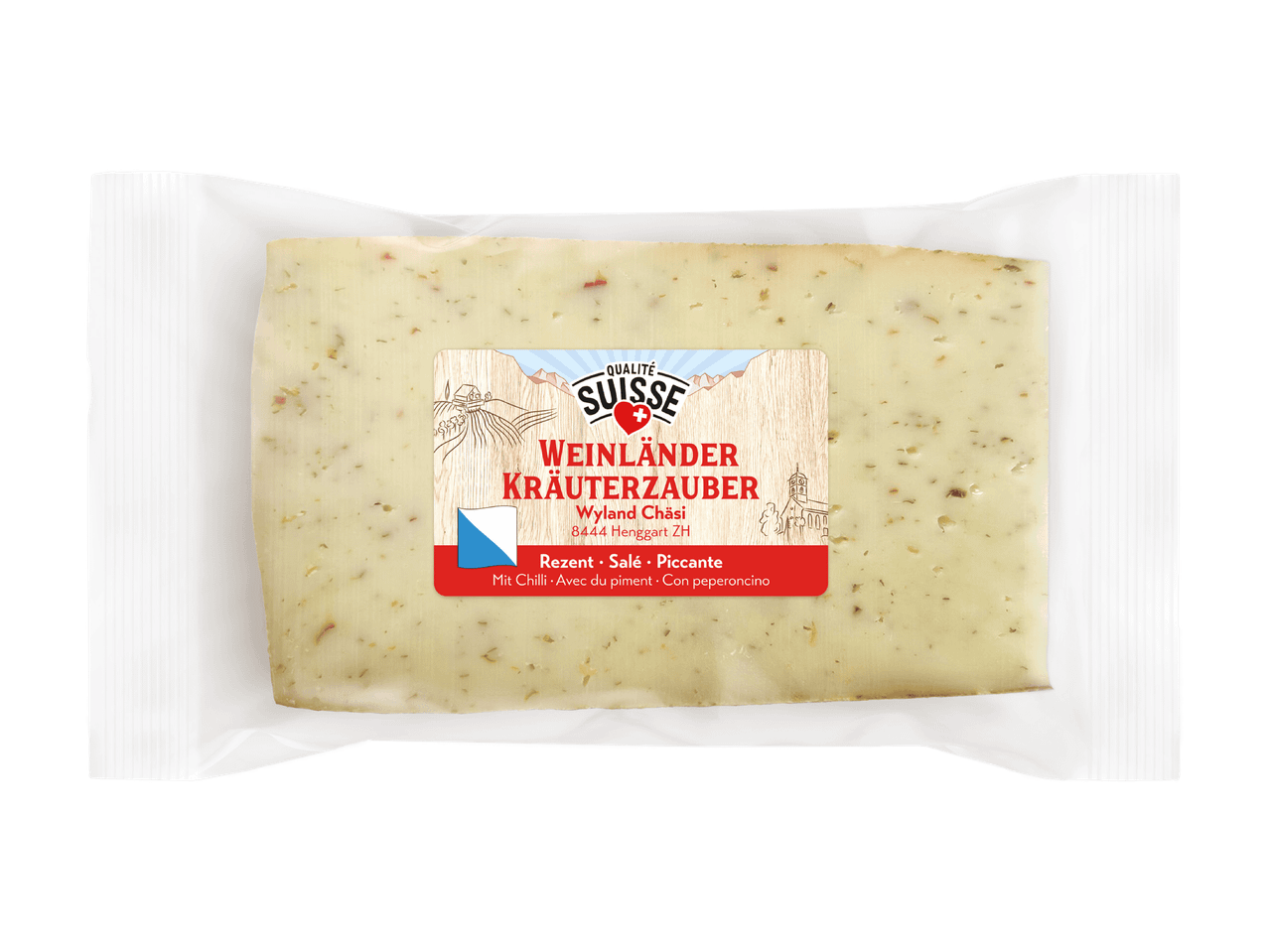 Würziger Schweizer Kräuterkäse mit Chili, verpackt.