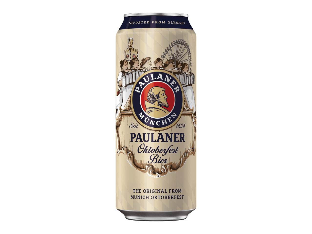 Paulaner Oktoberfest Bier -olutpurkki, jossa on perinteinen saksalainen muotoilu.