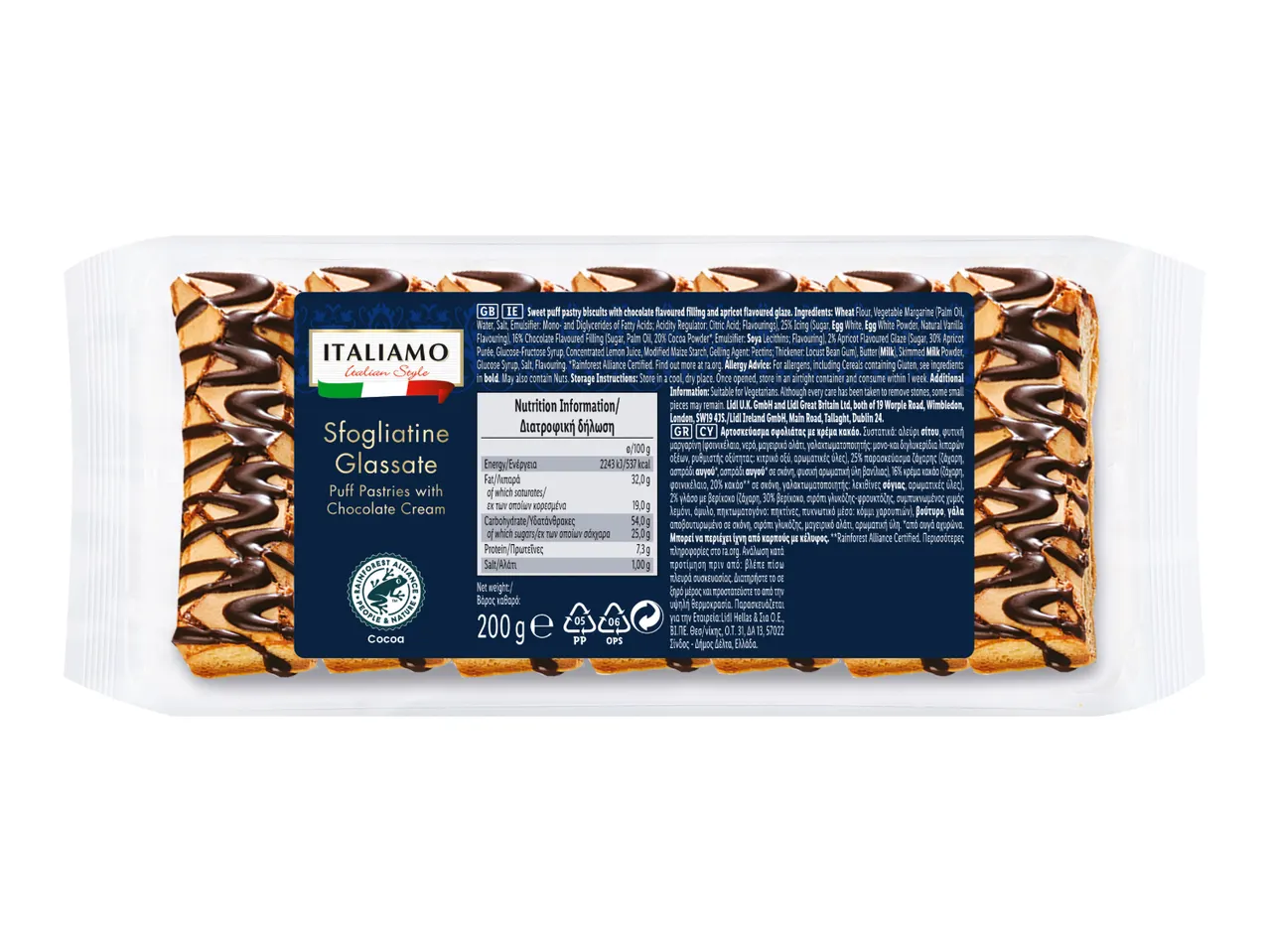 Puff pastries with chocolate cream and apricot glaze, with nutritional information and ingredients.