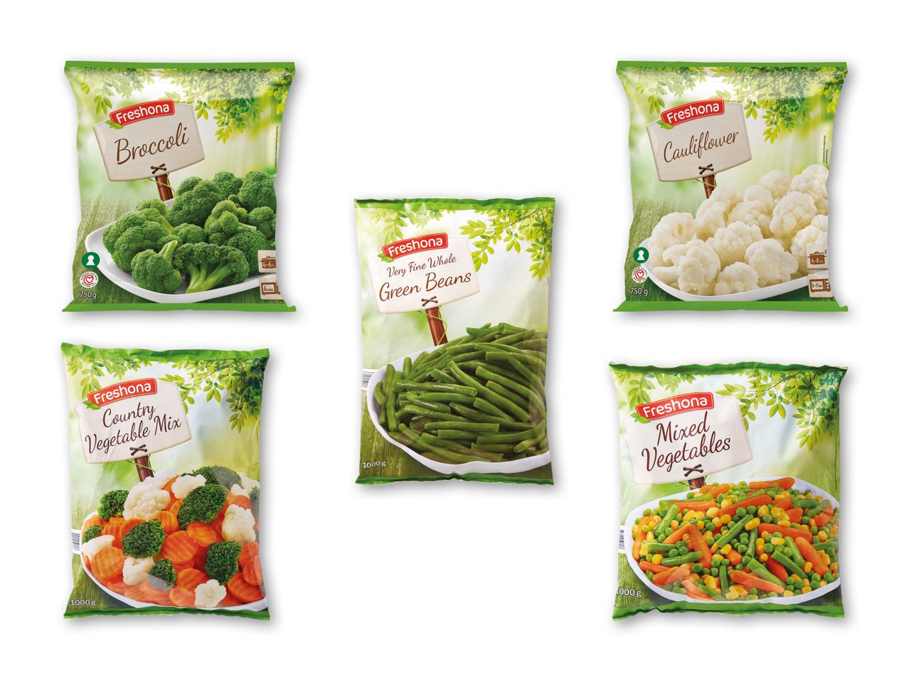 Frosne grøntsager fra Fresona: broccoli, blomkål, grønne bønner, landblanding og blandede grøntsager.