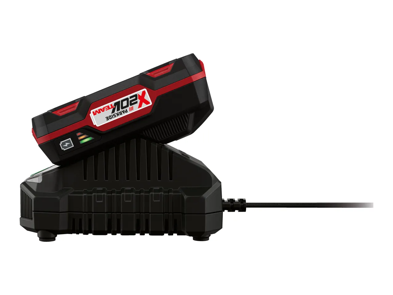 A black and red power tool battery charging on a black charger, with a power cord extending to the right.