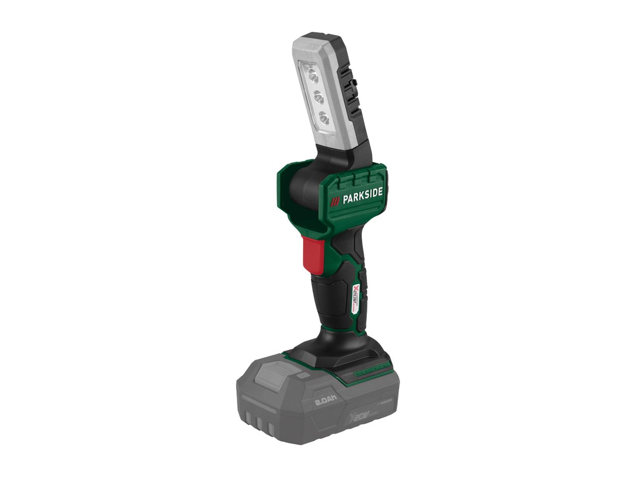 Cordless work light with a rotating head and a 2.0Ah battery pack.