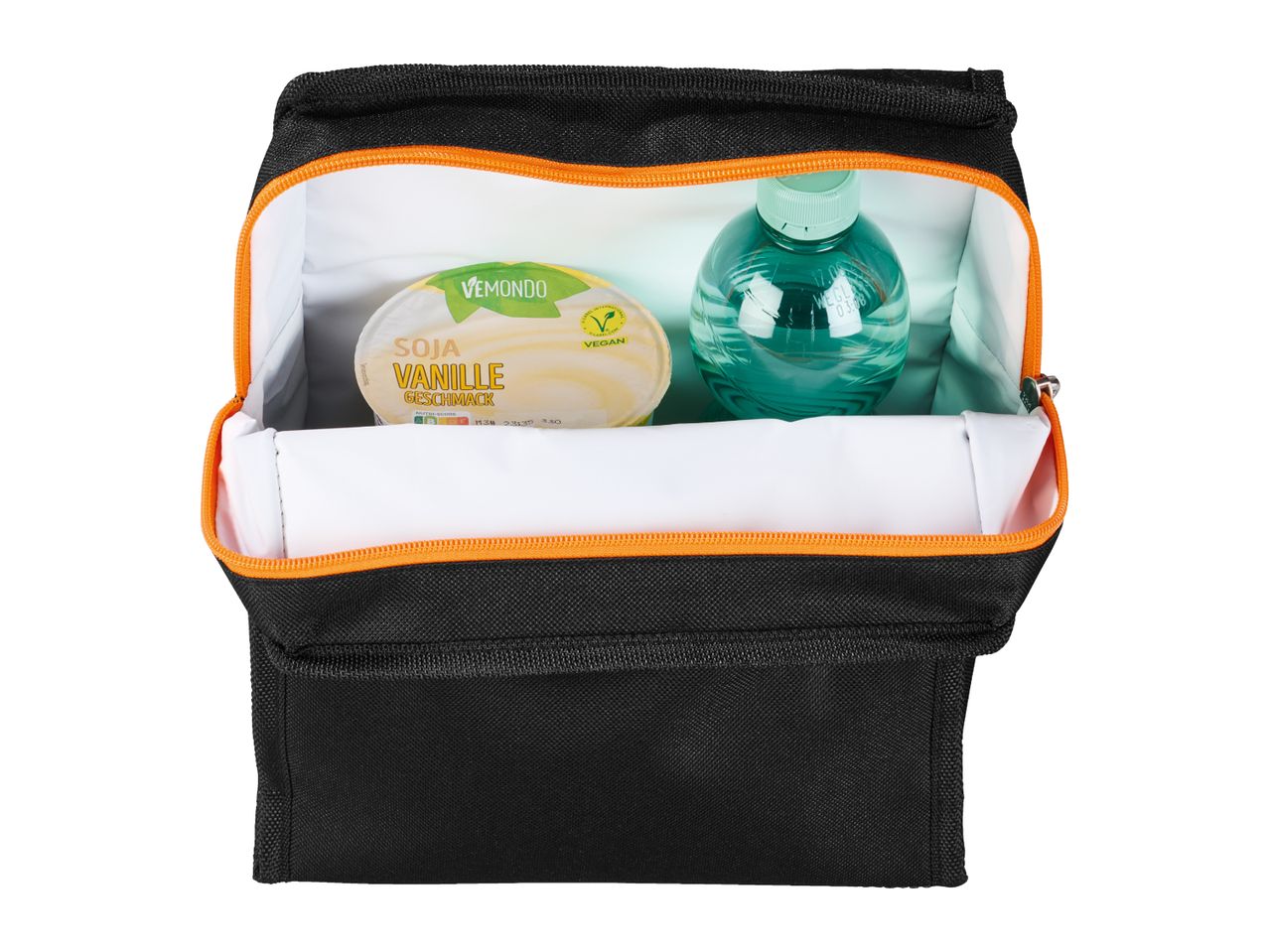 A black Vemondo lunch bag with orange zipper contains a vegan soy vanilla dessert and a bottle of water.