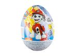 Chocolate egg with a cartoon dog character, nutritional information, and recycling symbols.