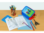 A blue character pencil case with Mario and Luigi, surrounded by school supplies and a math workbook.