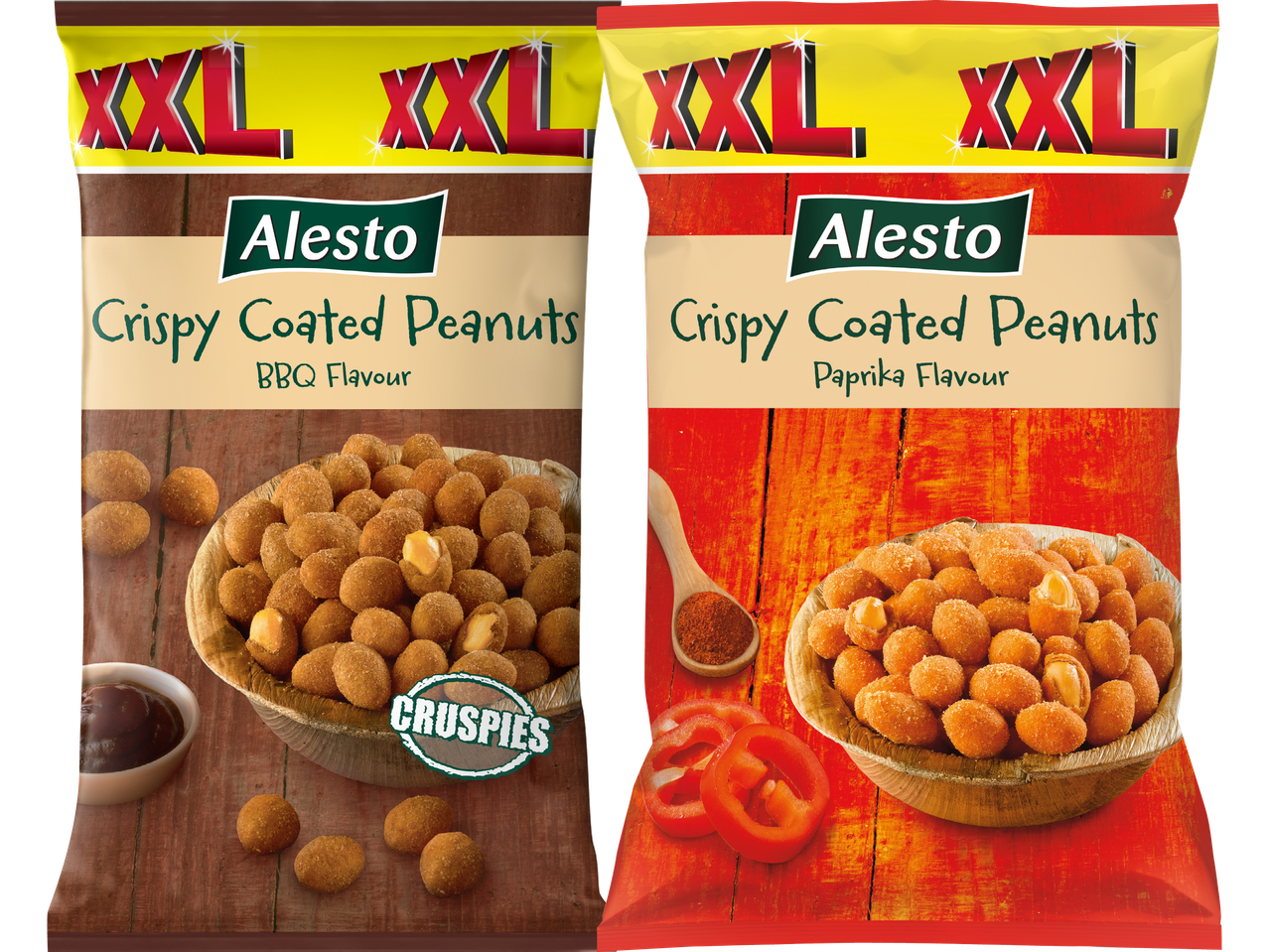 Två påsar Alesto XXL krispigt rostade jordnötter, en med BBQ-smak och en med paprikasmak.