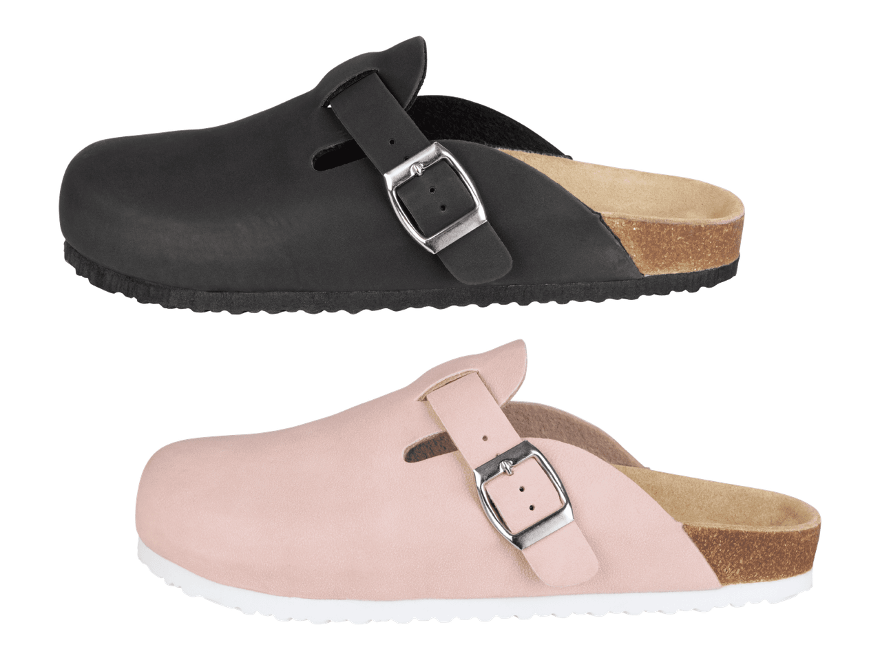 Birkenstock-tyyppiset nahkaiset kengät, musta ja vaaleanpunainen.