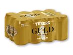 12 Tuborg Guld Pilsner øl dåser i en gul emballage.