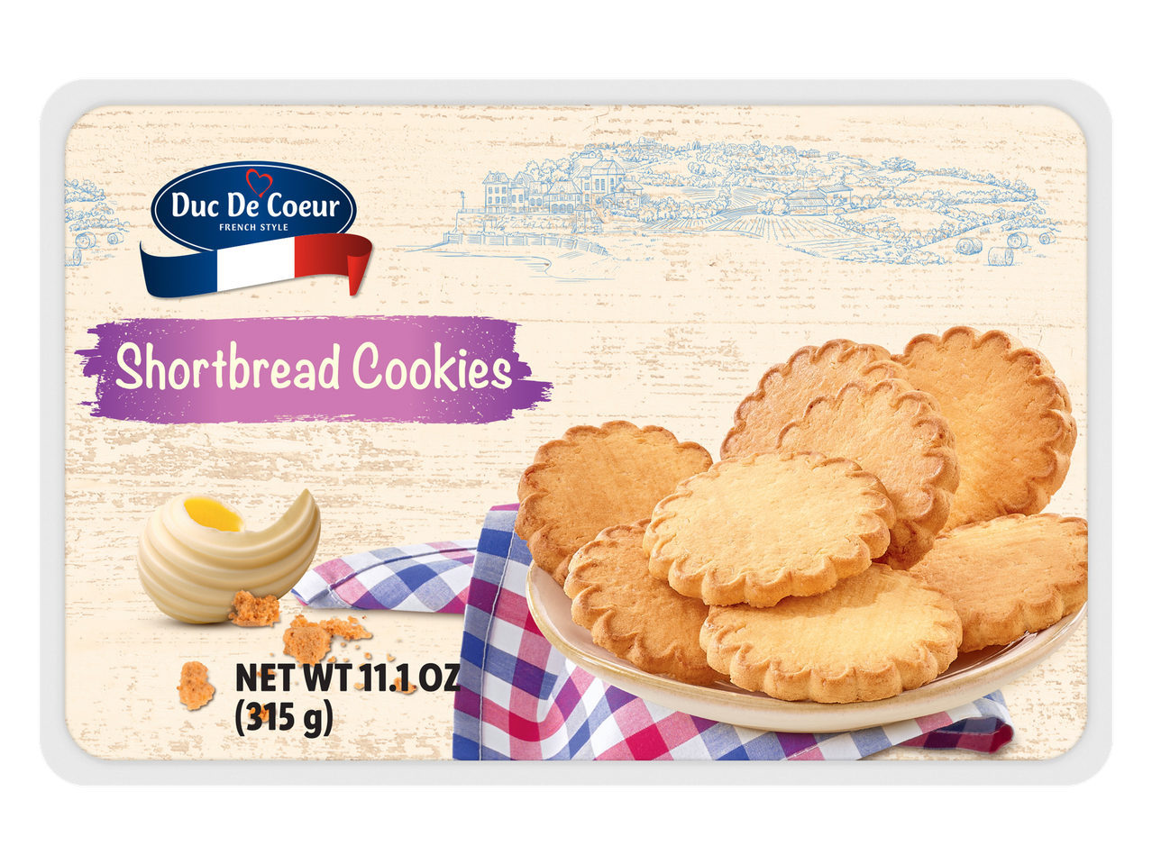 Shortbread cookies with a French style theme, showing cookies on a plate and a butter curl.
