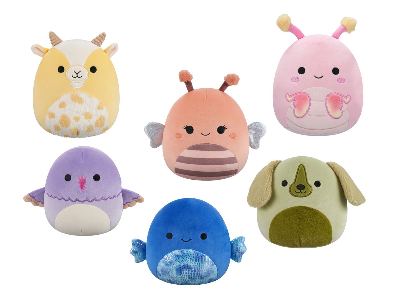 Sechs bunte Plüschtiere, darunter eine Ziege, ein Schmetterling, ein Käfer, ein Vogel, ein Wal und ein Hund.