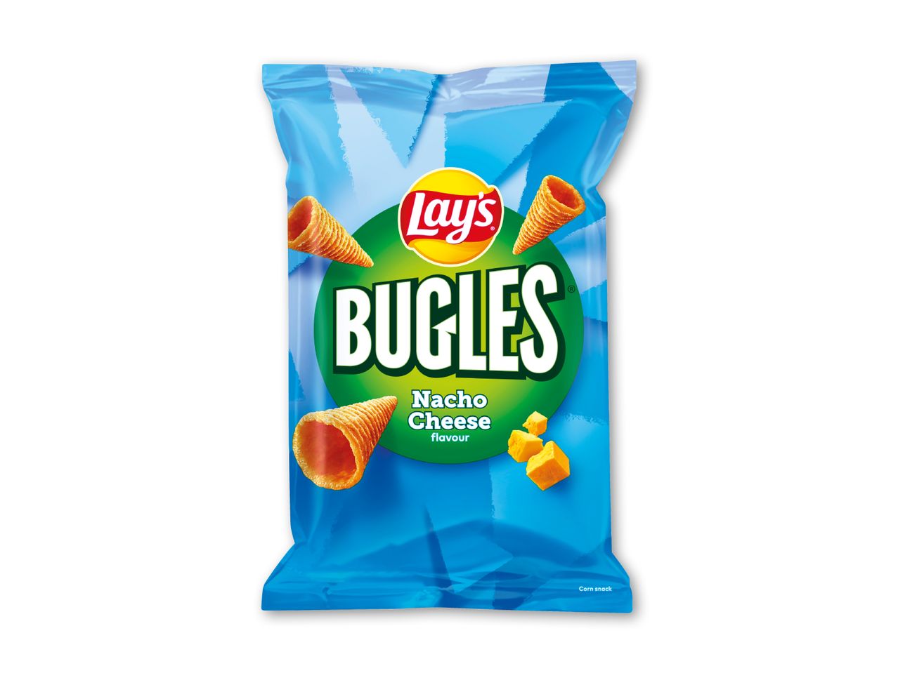 Blå pose med majssnacks med nacho cheese-smag, formet som små hvide kræmmerhuse.