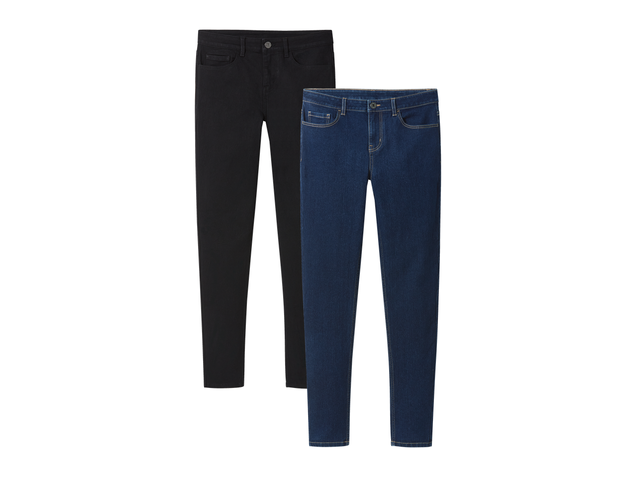 Dvoje ženskih traperica: jedne crne i jedne tamnoplave.