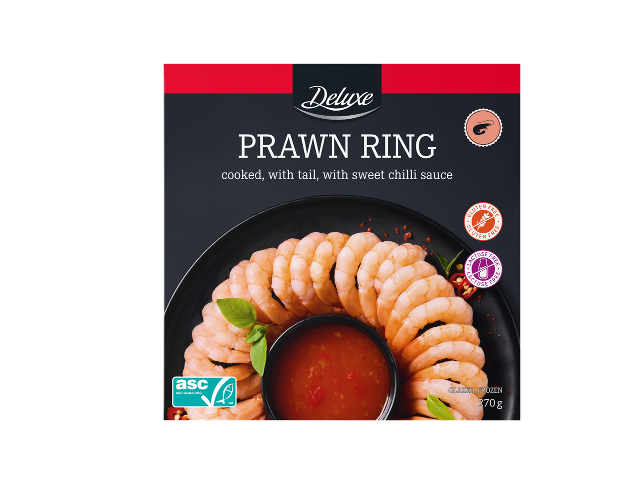 DELUXE krevečių žiedas su saldžiuoju čili padažu, be glitimo ir laktozės, 270g.