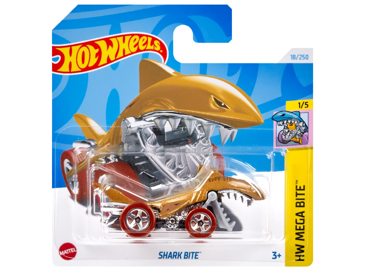 Златна играчка кола във формата на акула в опаковка, с надпис „SHARK BITE“.