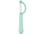 A mint green Y-shaped vegetable peeler with a stainless steel blade.