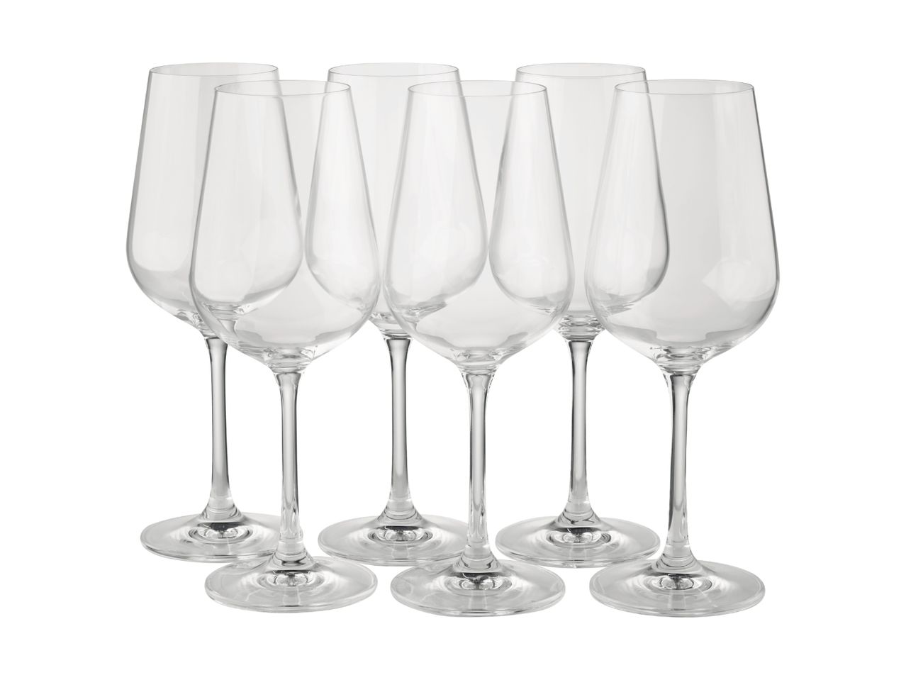 Set of six clear wine glasses.