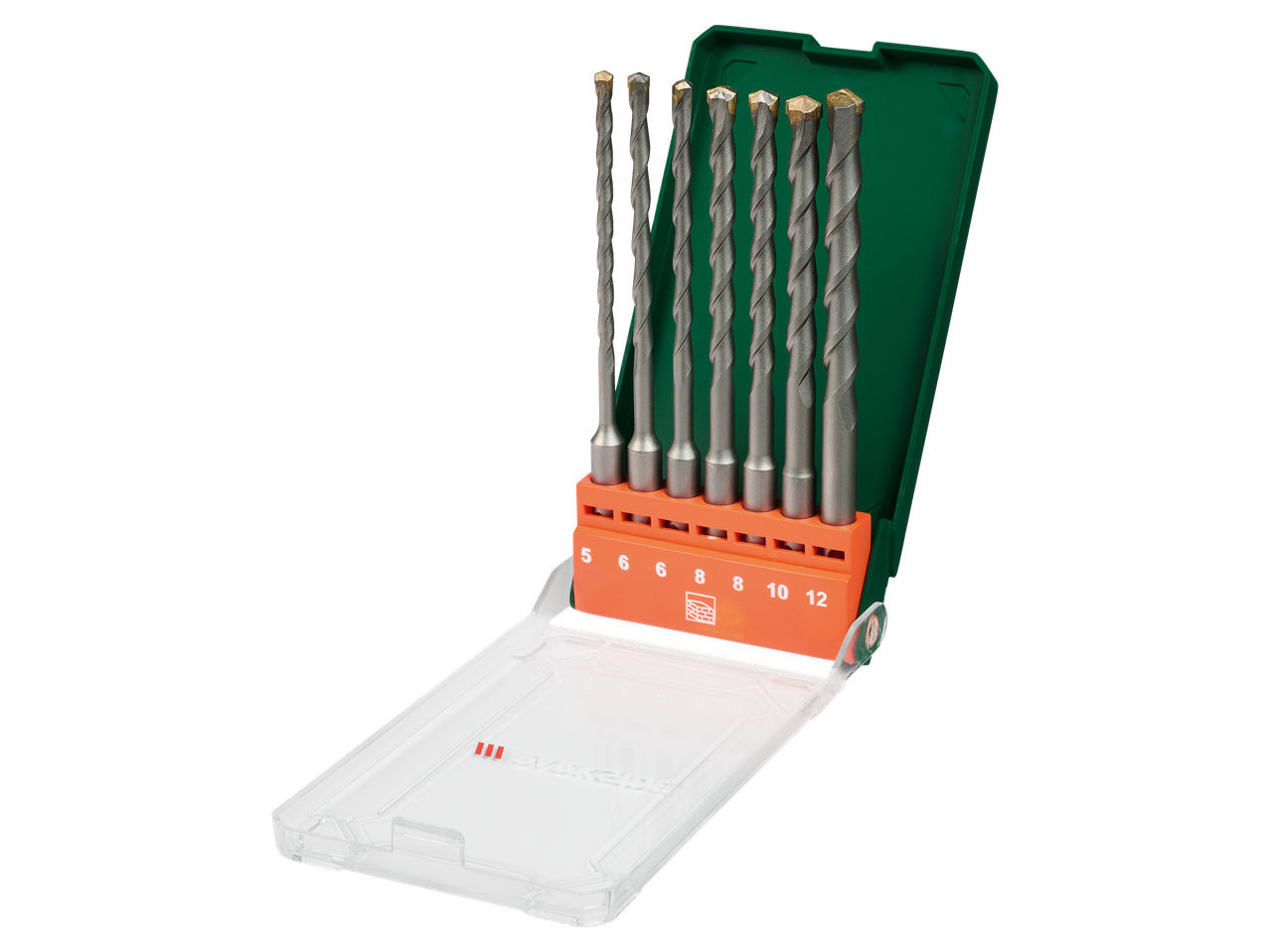 Parkside® 7-teiliges Schlagbohrer-Set in grüner und oranger Box.