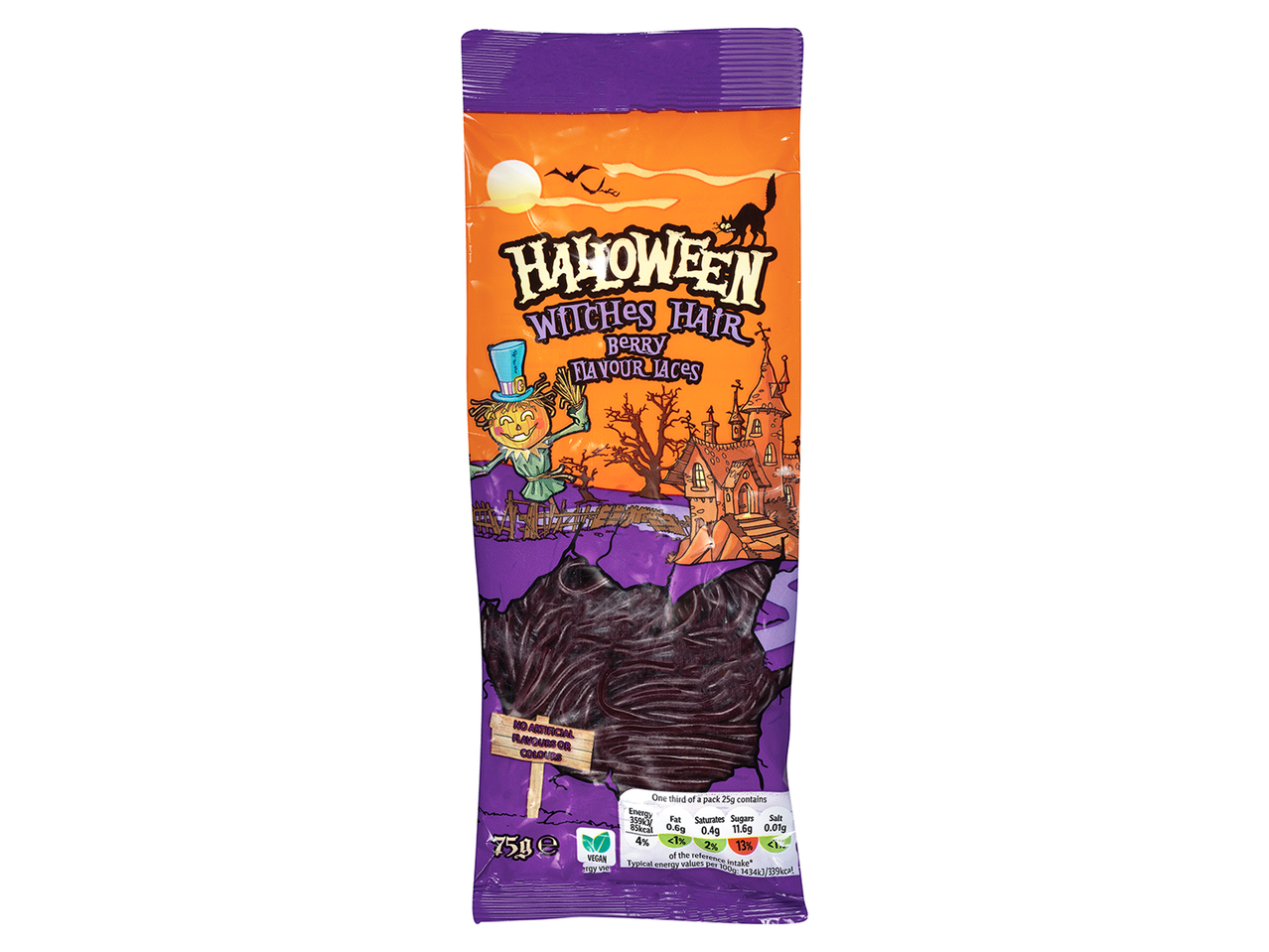 A 75g pack of Halloween Witches Hair berry flavour laces