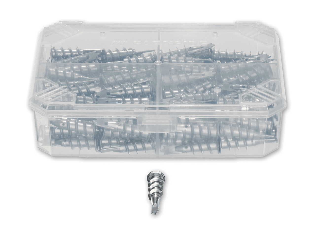 Eine transparente Box mit Metall-Trockenbauankern und ein einzelner Anker darunter.