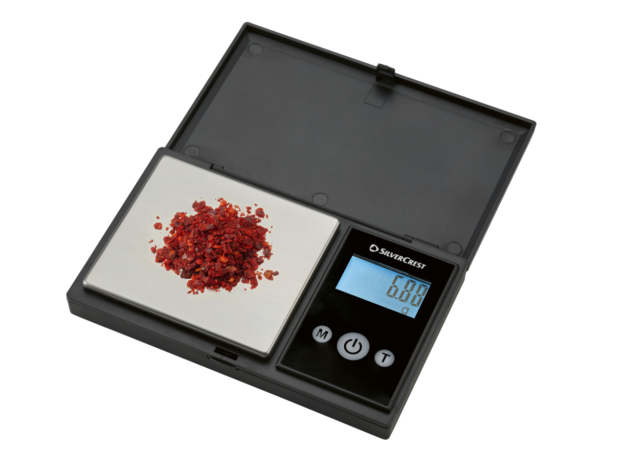 Balança de cozinha digital SILVERCREST com flocos de pimenta vermelha na plataforma.