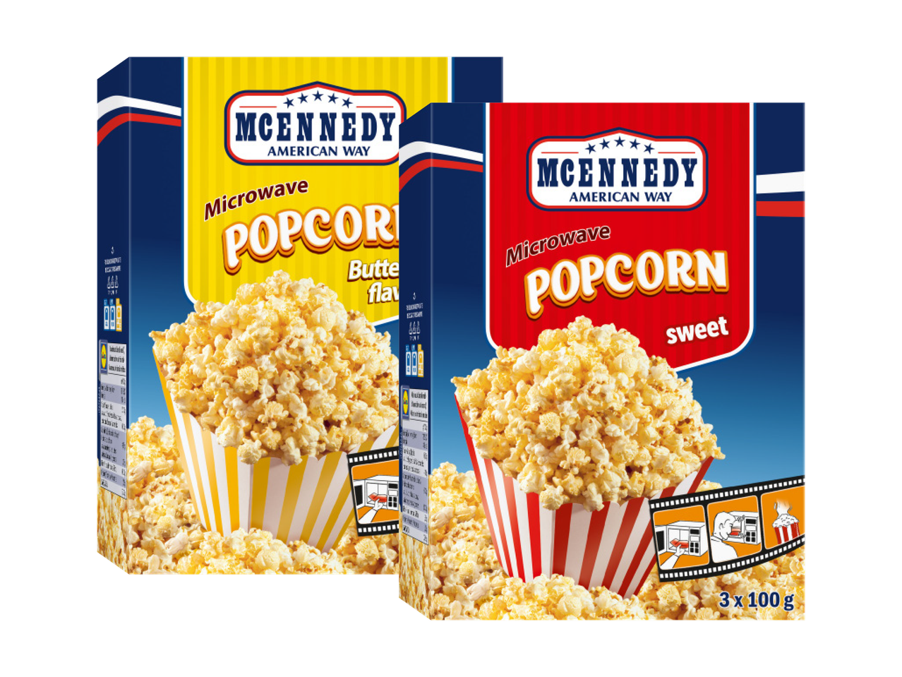 McEnnedy microwave popcorn: butter and sweet flavors.