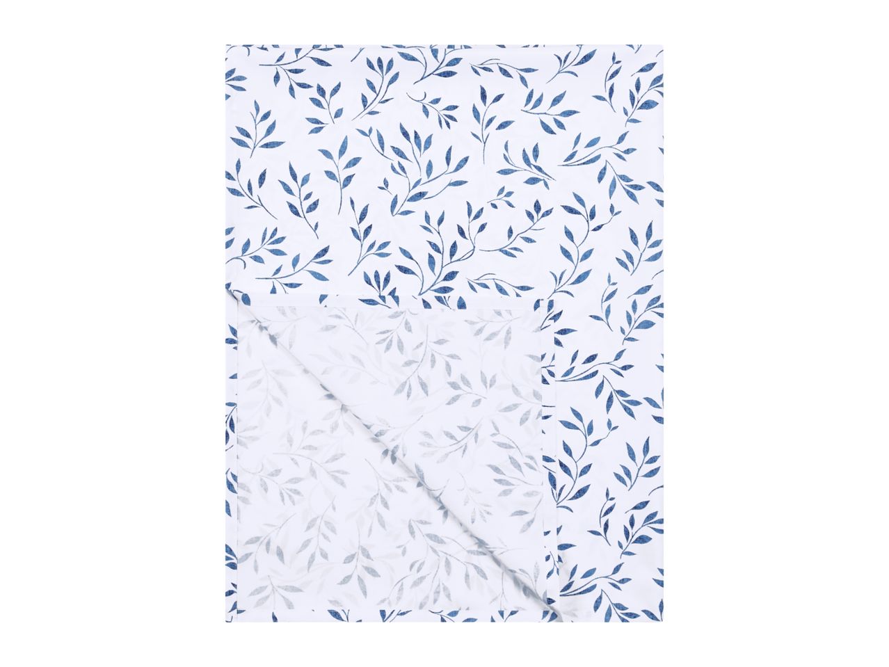 White sheet with a blue leaf pattern, folded to show the design.
