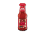 En flaske kinesisk hot chili sauce med en styrkeindikator og mængden 250 ml.