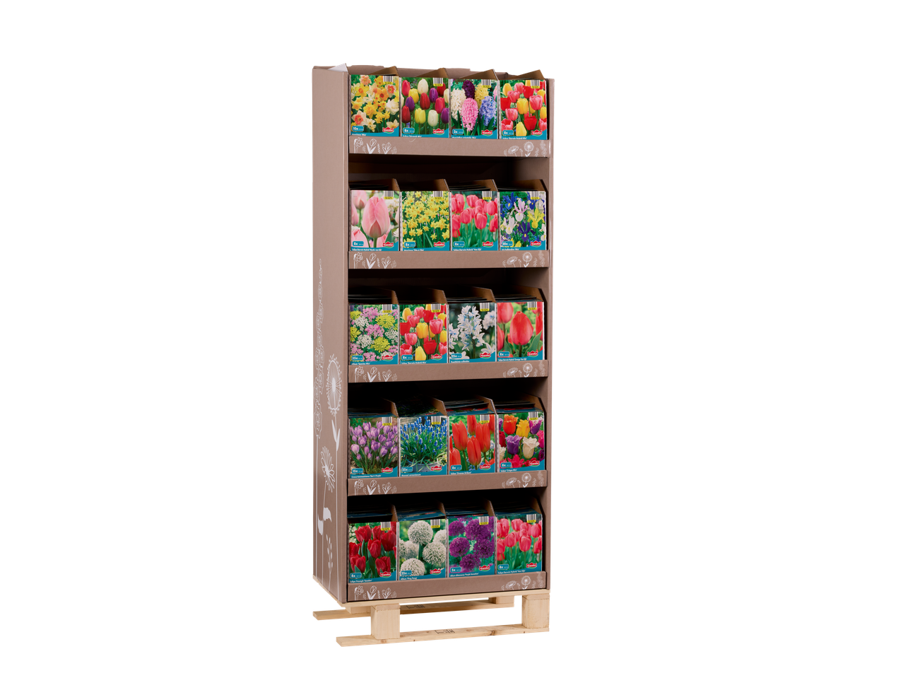 Display stand with packages of flower bulbs, including tulips, daffodils, and hyacinths.