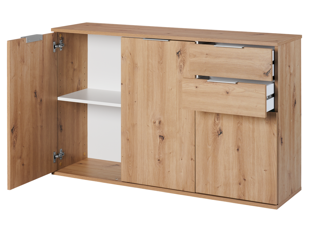 Wooden sideboard with doors and drawers.