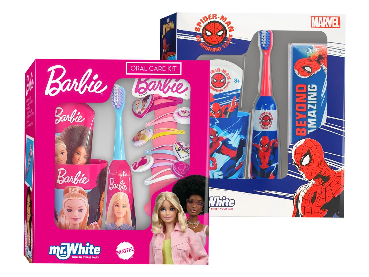 Otroški kompleti za nego zob z motivi Barbie in Spider-Mana.