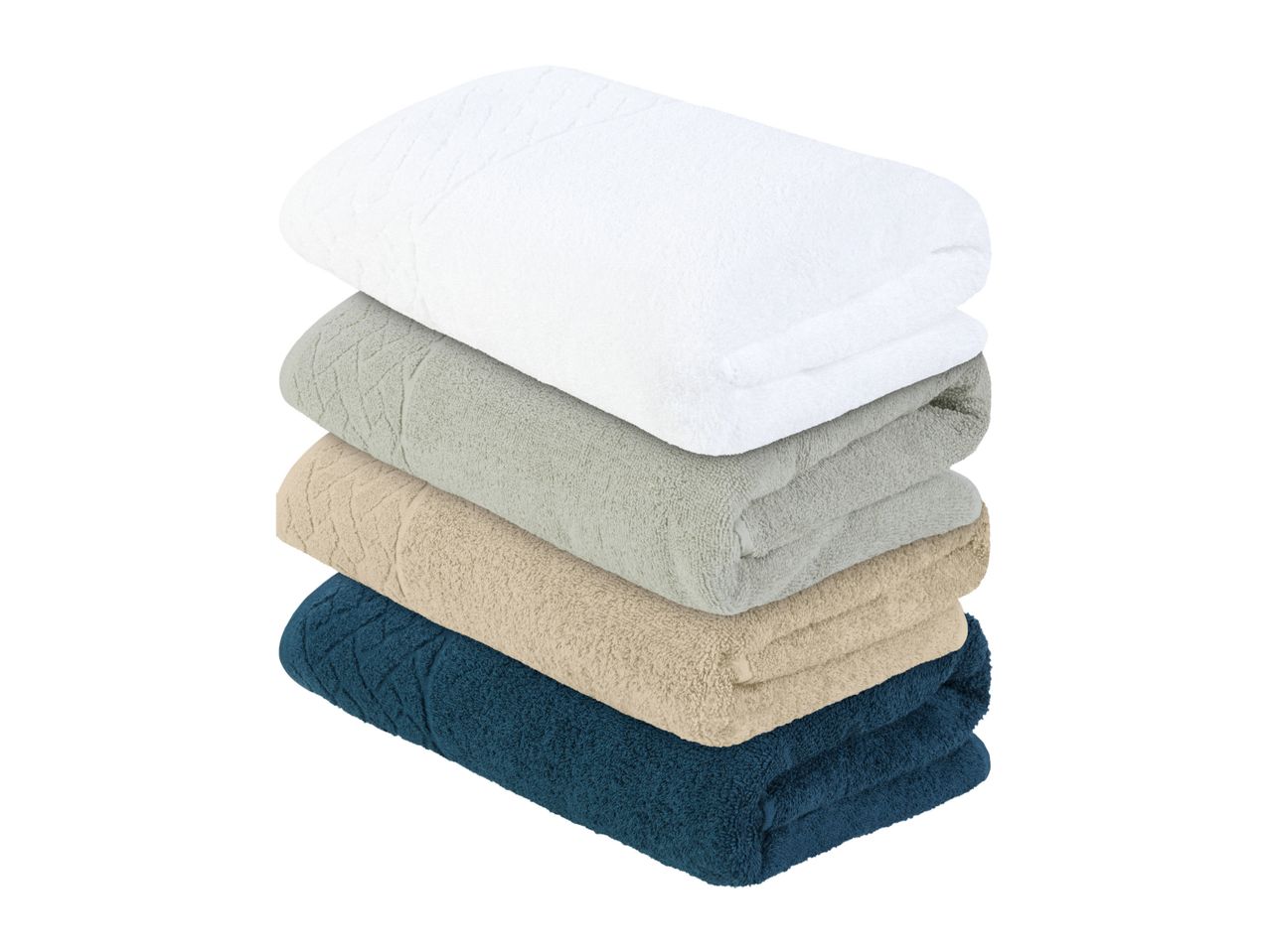 A stack of four bath towels in white, gray, beige, and teal.
