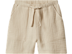 Beige muslin shorts with an elasticated waist and drawstring.