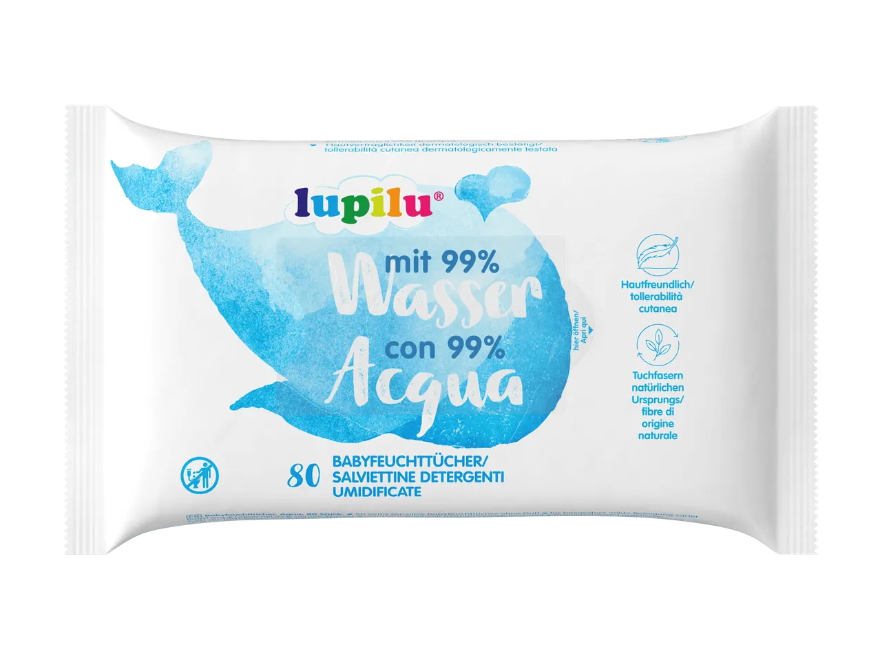 Confezione di salviettine umidificate per neonati con 99% acqua, 80 pezzi, design balena