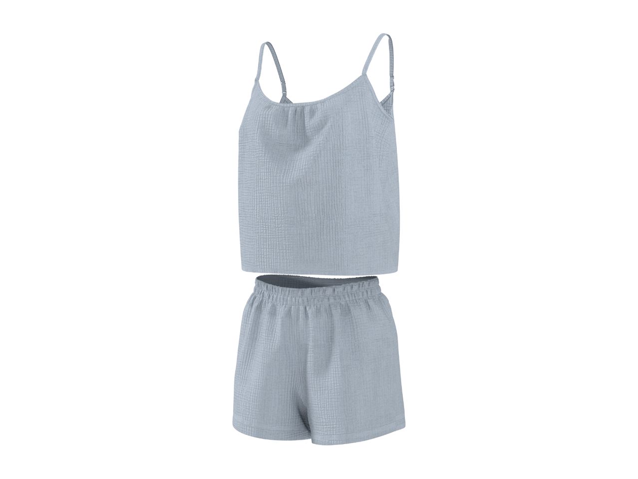 Light blue pajama set with a camisole top and shorts, made from textured fabric.
